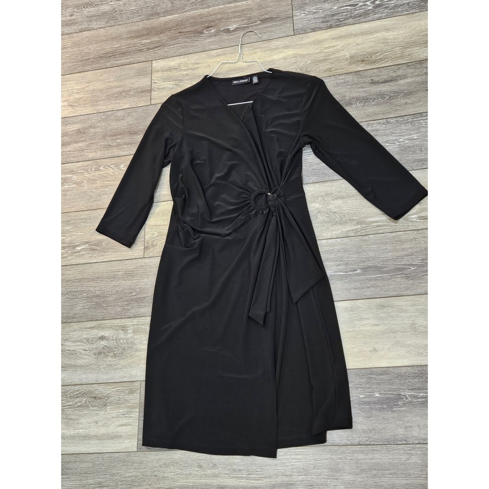 Nina Leonard Womens Black V-Neck O-Ring Ruched Sheath Dress Size S 3/4 Sleeve